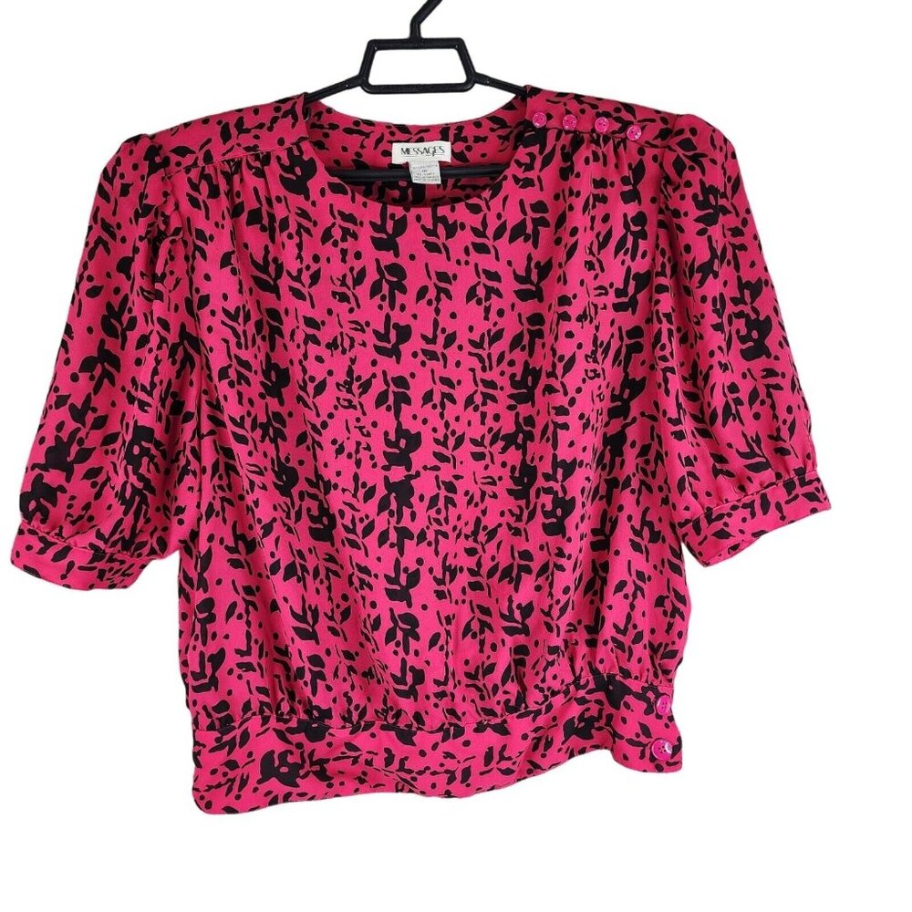 Women Pink & Black Floral Blouse Shirt Crop 3/4 Sleeve Round Neck Size 18